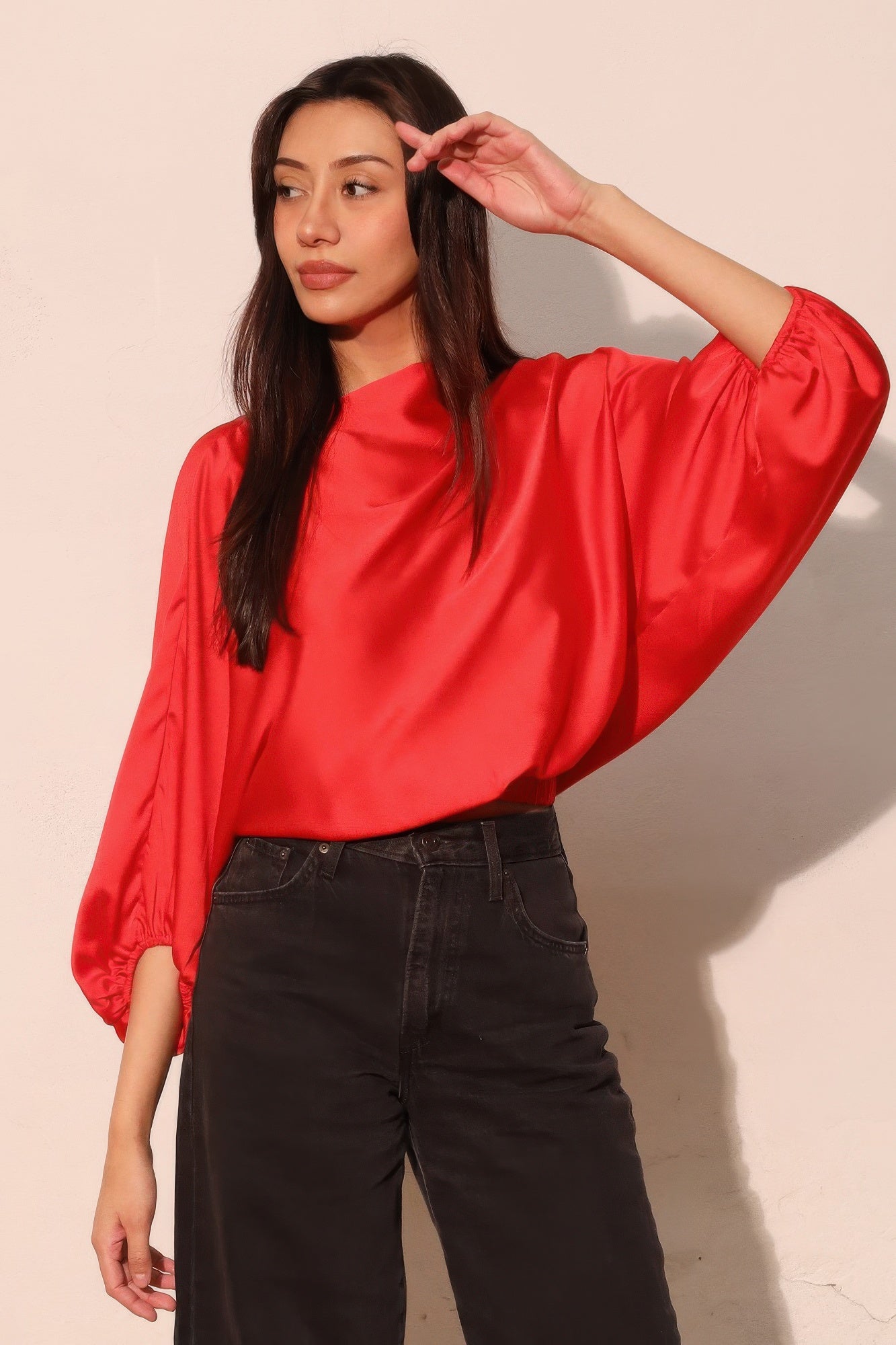 Satin Blouson Boat Neck Blouse -