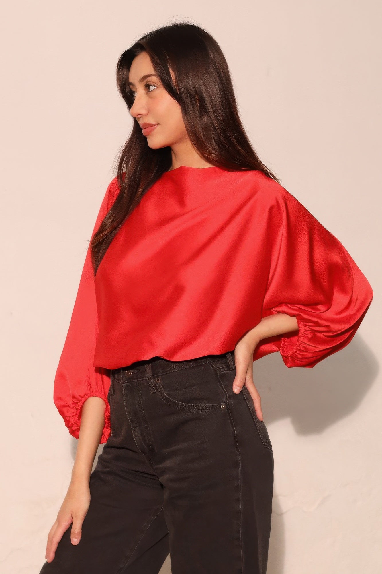 Satin Blouson Boat Neck Blouse - L Main image