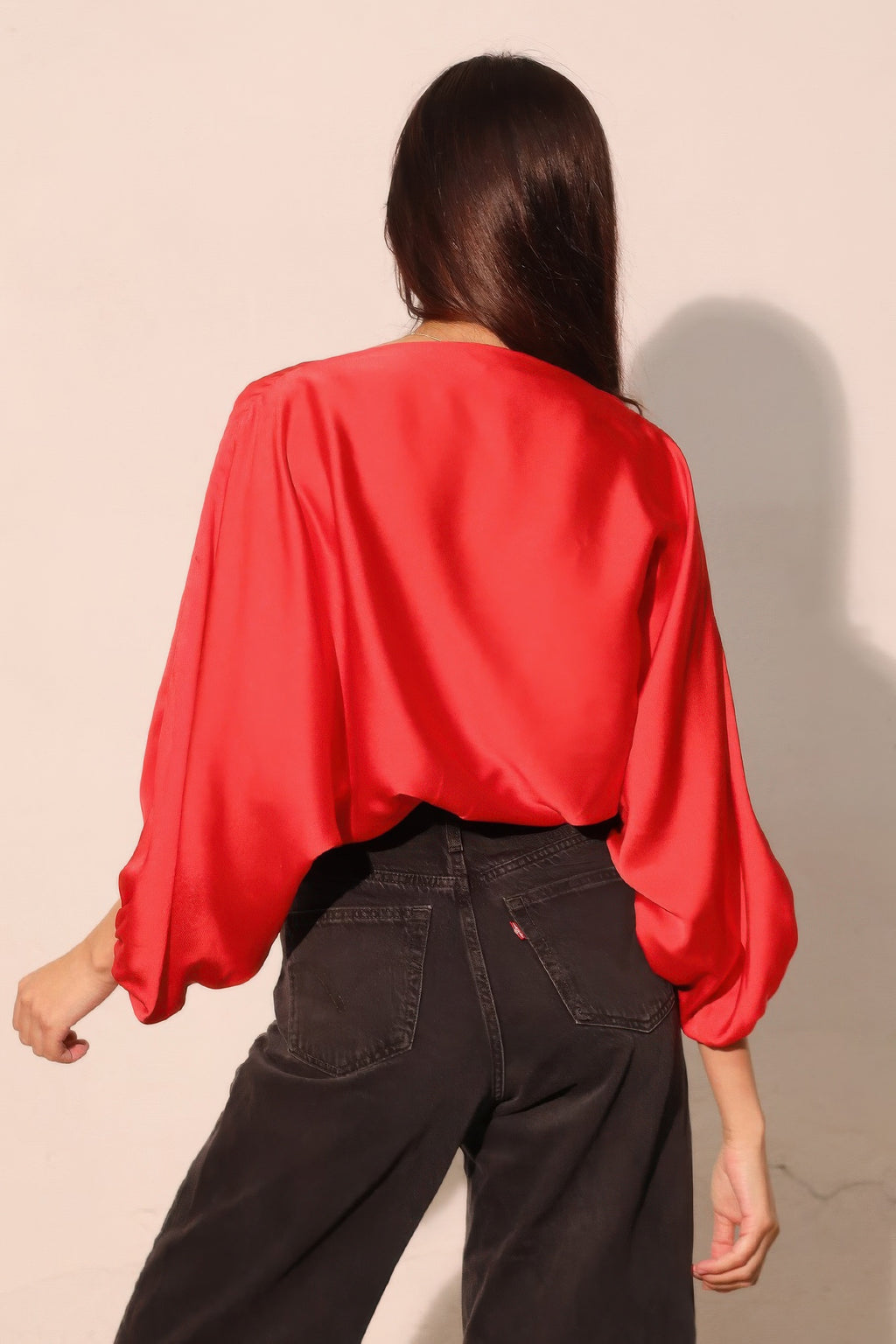 Satin Blouson Boat Neck Blouse -
