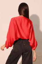 Satin Blouson Boat Neck Blouse -