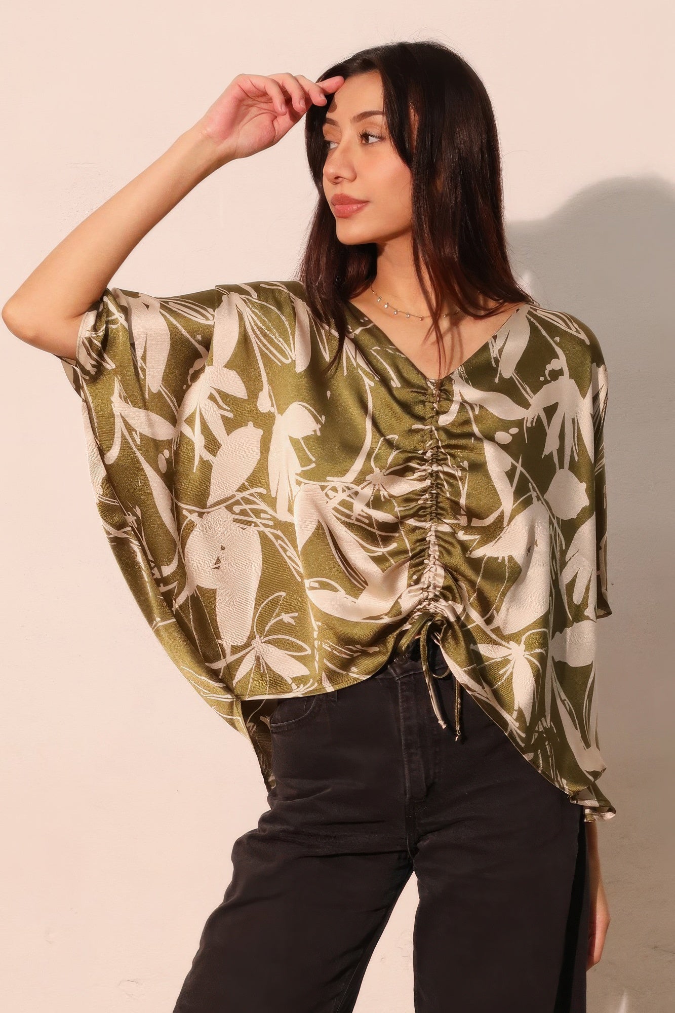 Dolman Drawstring Dreaming Lily Satin Blouse - Olive Main image