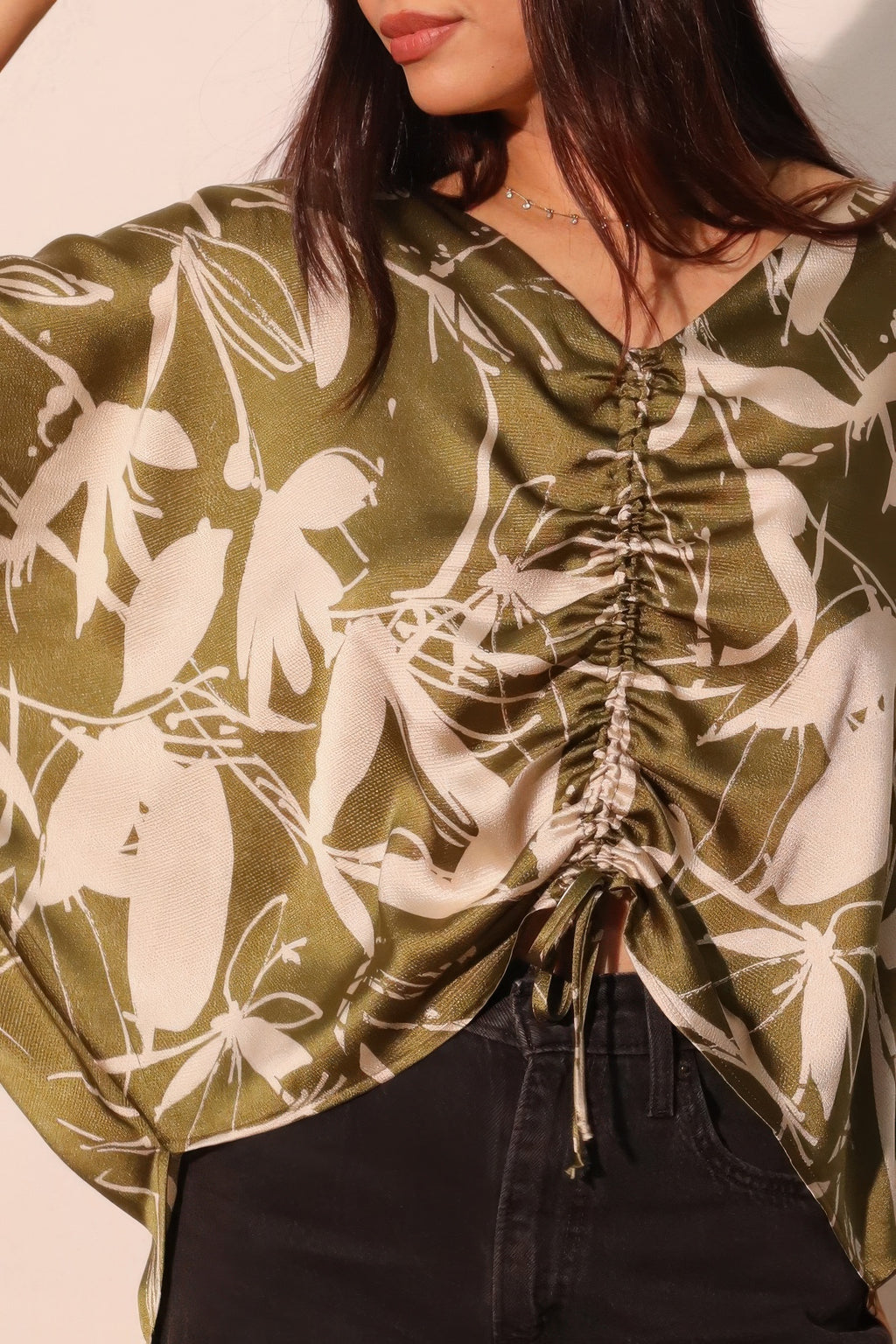 Dolman Drawstring Dreaming Lily Satin Blouse -