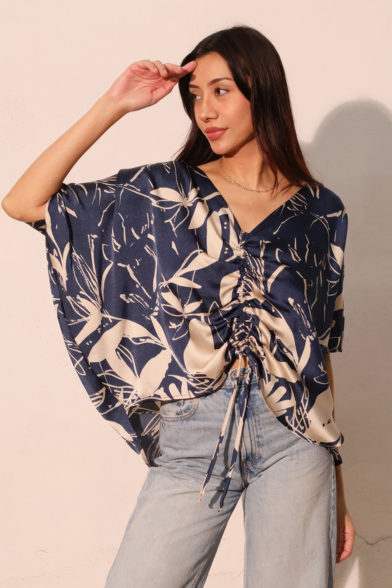 Dolman Drawstring Dreaming Lily Satin Blouse - Navy
