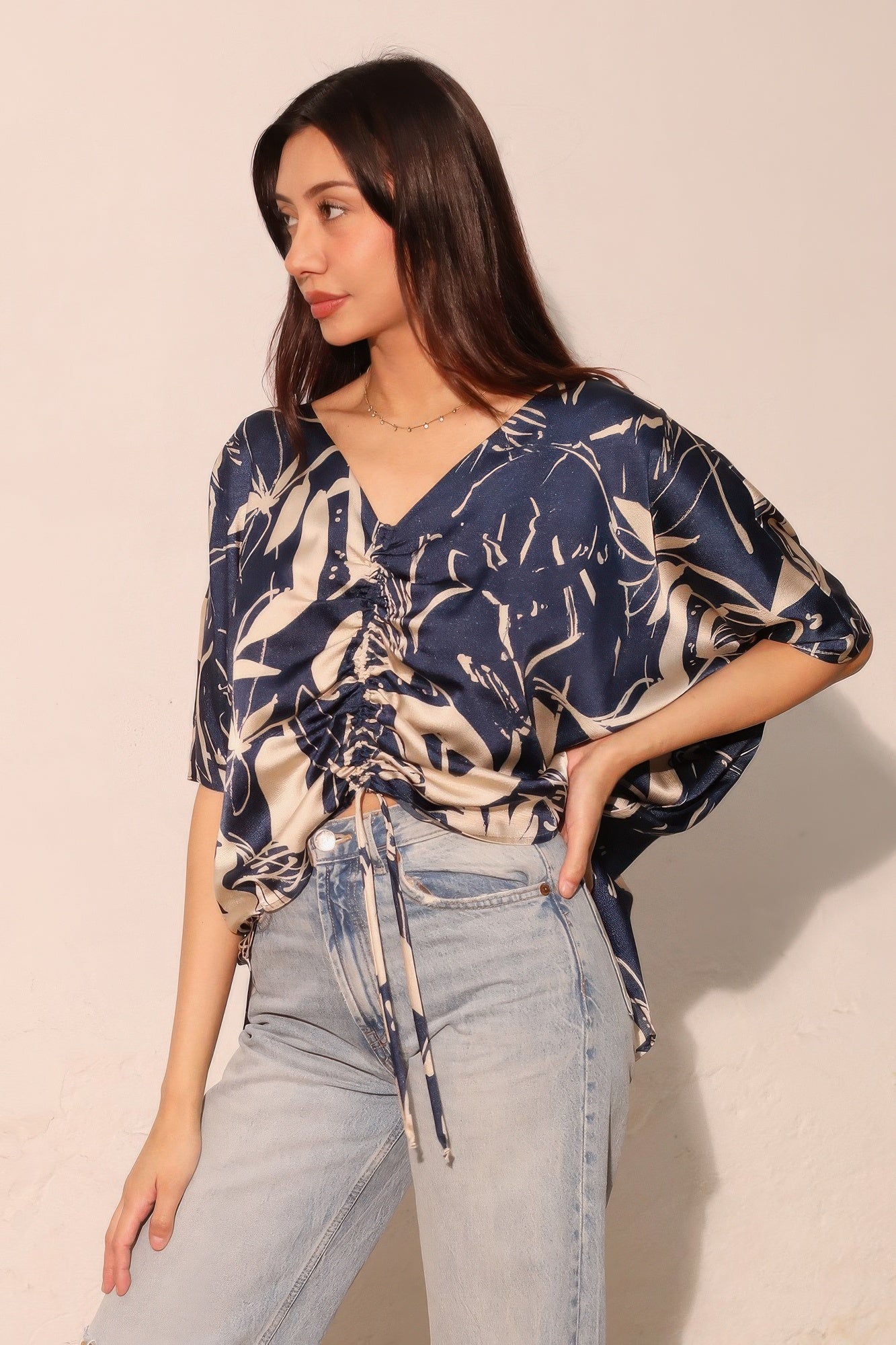 Dolman Drawstring Dreaming Lily Satin Blouse -