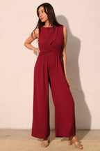 Twist Front Textured Wide-Leg Jumpsuit - Wine