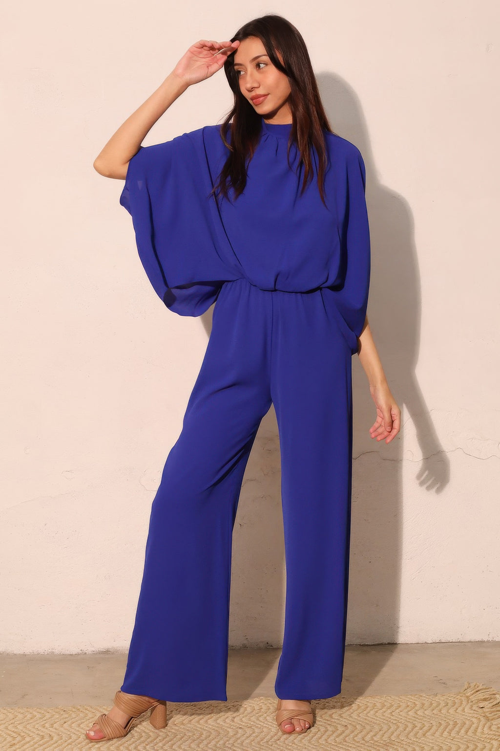 Mock Neck Textured Caftan Jumpsuit - Royal blue