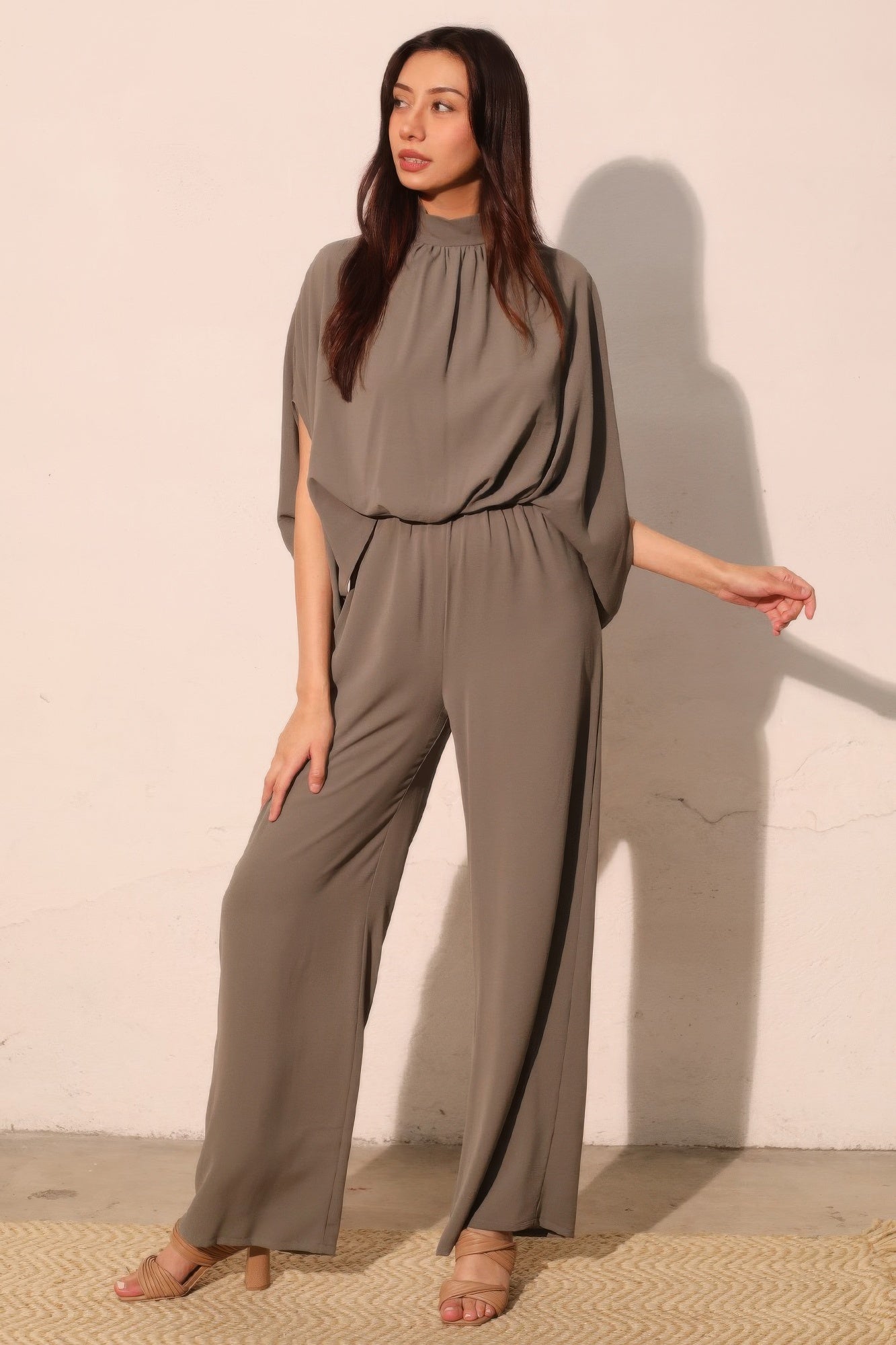 Mock Neck Textured Caftan Jumpsuit - Medium grey