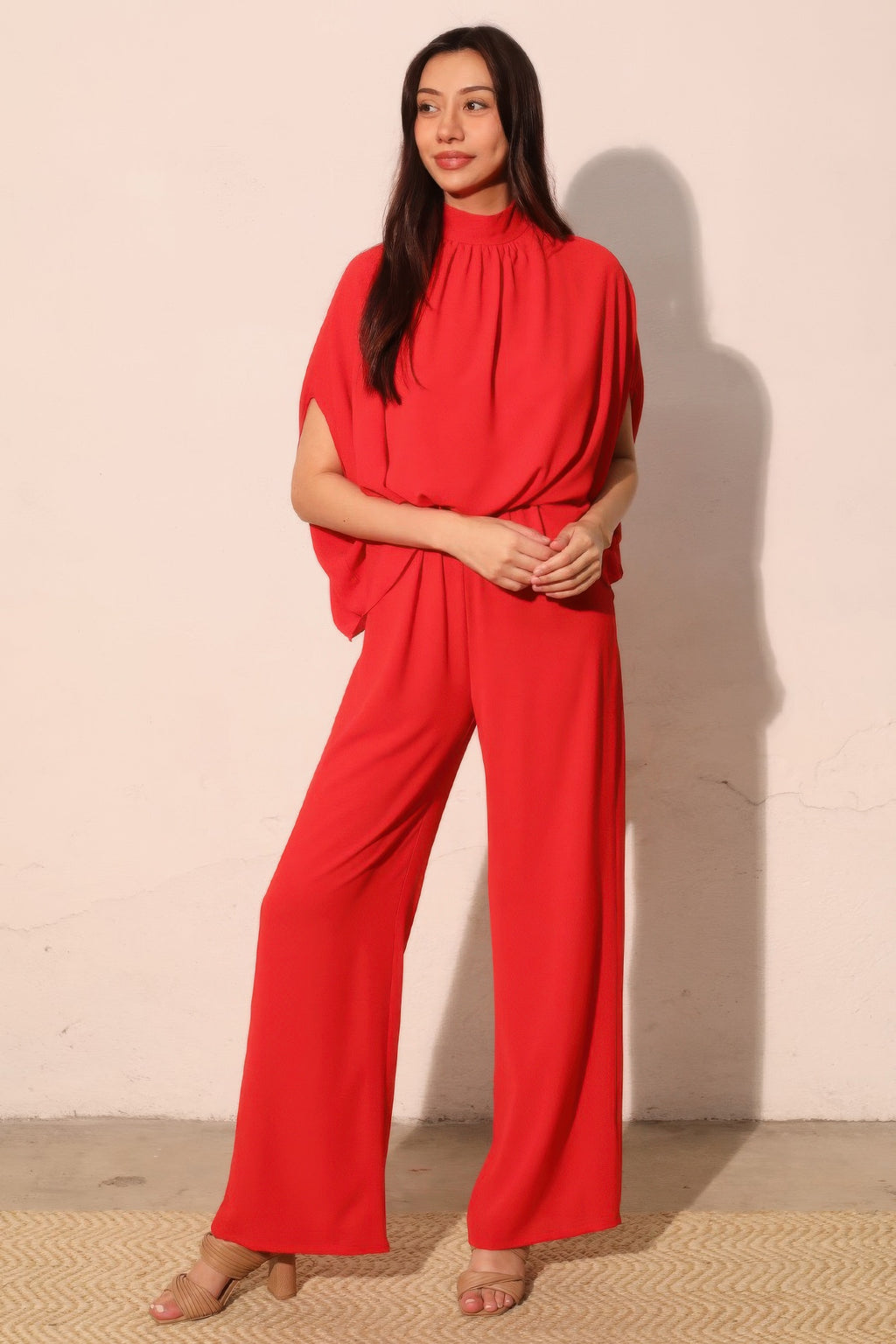 Mock Neck Textured Caftan Jumpsuit - True red