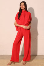 Mock Neck Textured Caftan Jumpsuit - True red