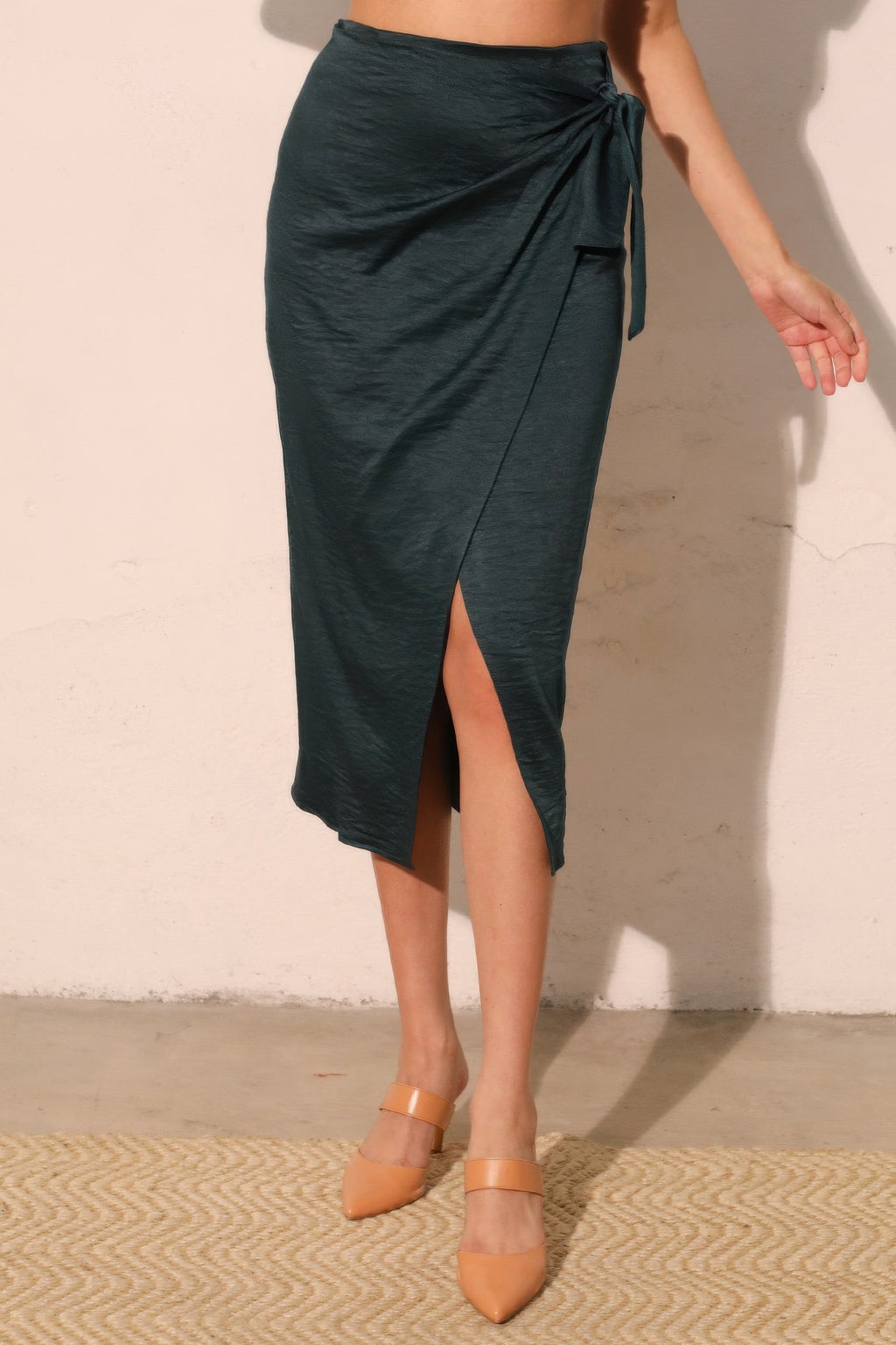 Satin Crepe Side Tie Midi Skirt -