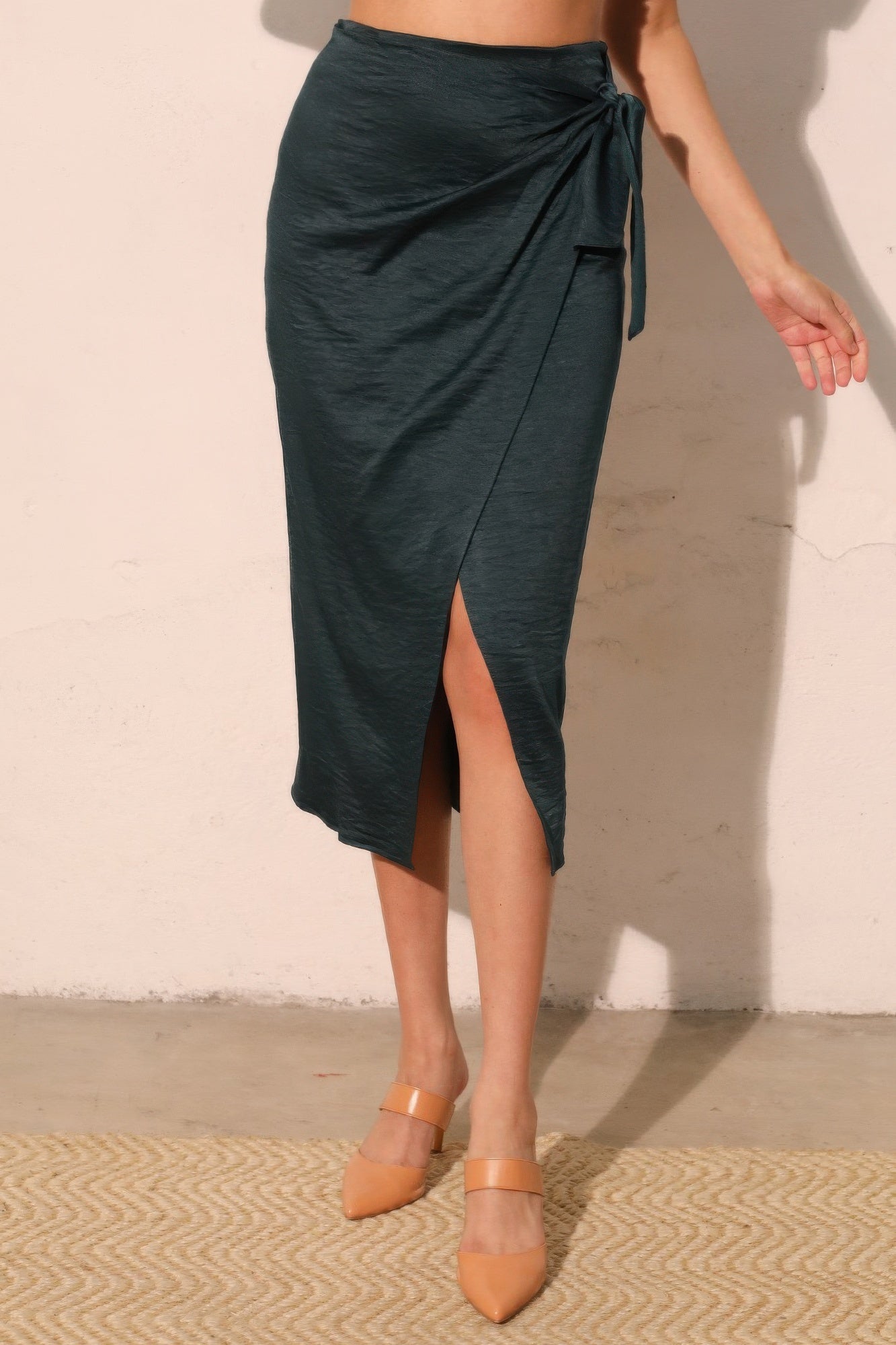 Satin Crepe Side Tie Midi Skirt -