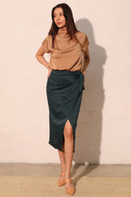 Satin Crepe Side Tie Midi Skirt - Pine green