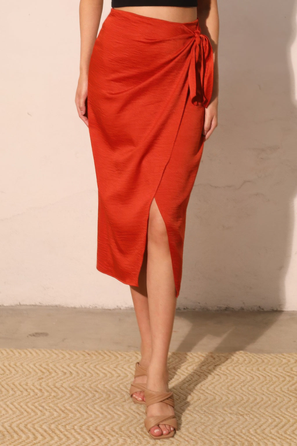Satin Crepe Side Tie Midi Skirt - Rust