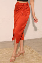Satin Crepe Side Tie Midi Skirt -