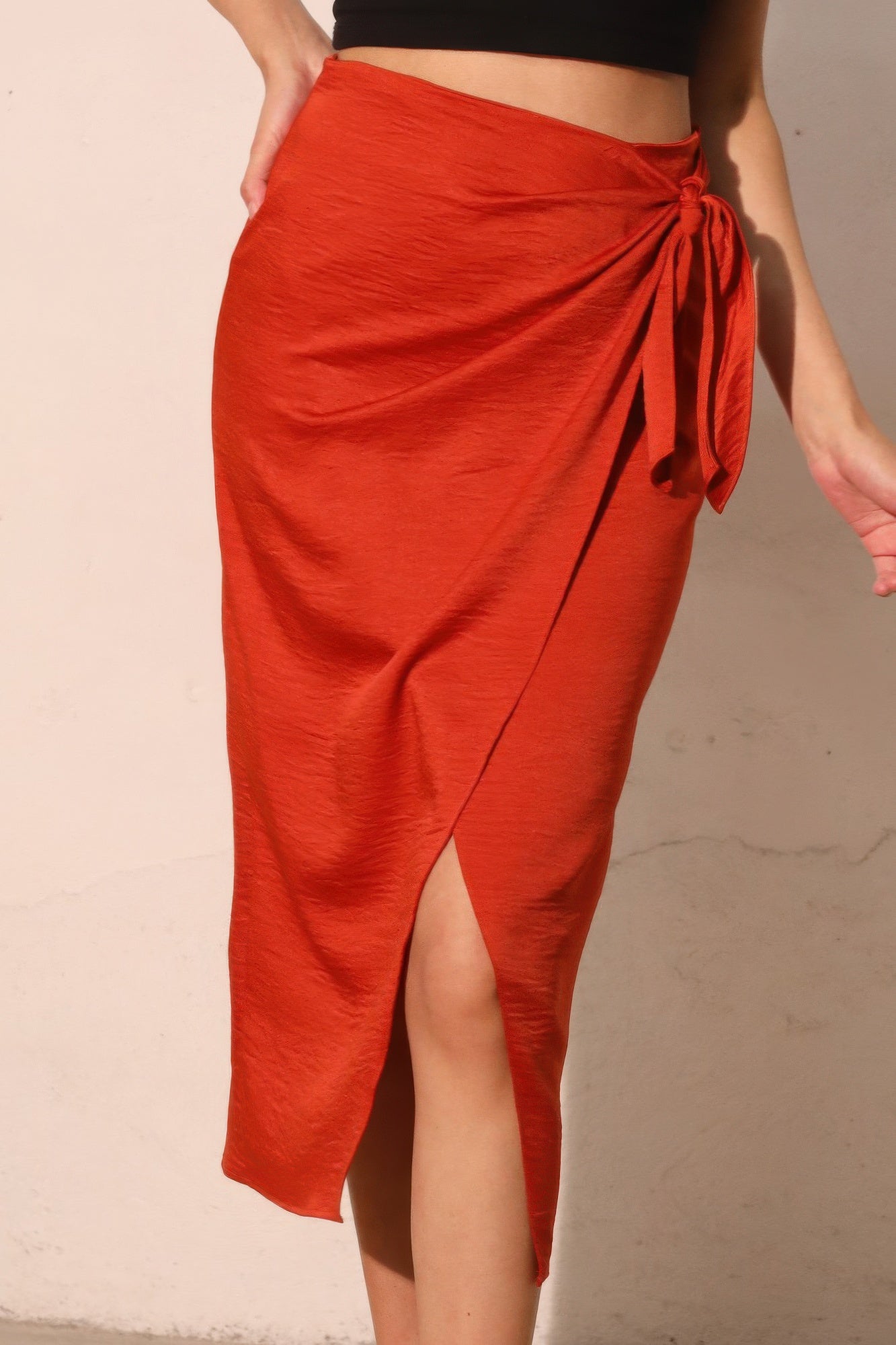 Satin Crepe Side Tie Midi Skirt -