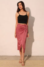 Satin Crepe Side Tie Midi Skirt - Mulberry