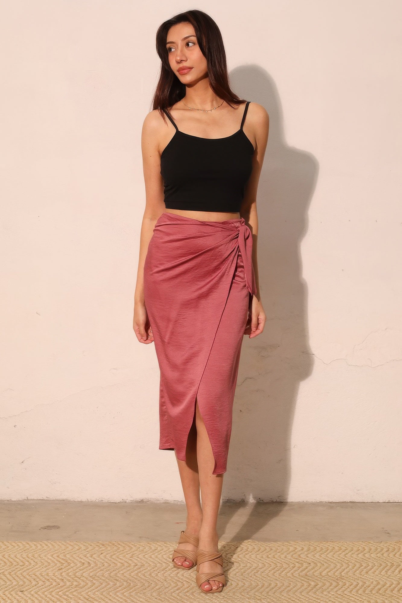 Satin Crepe Side Tie Midi Skirt - Mulberry
