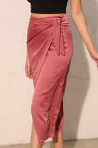 Satin Crepe Side Tie Midi Skirt -