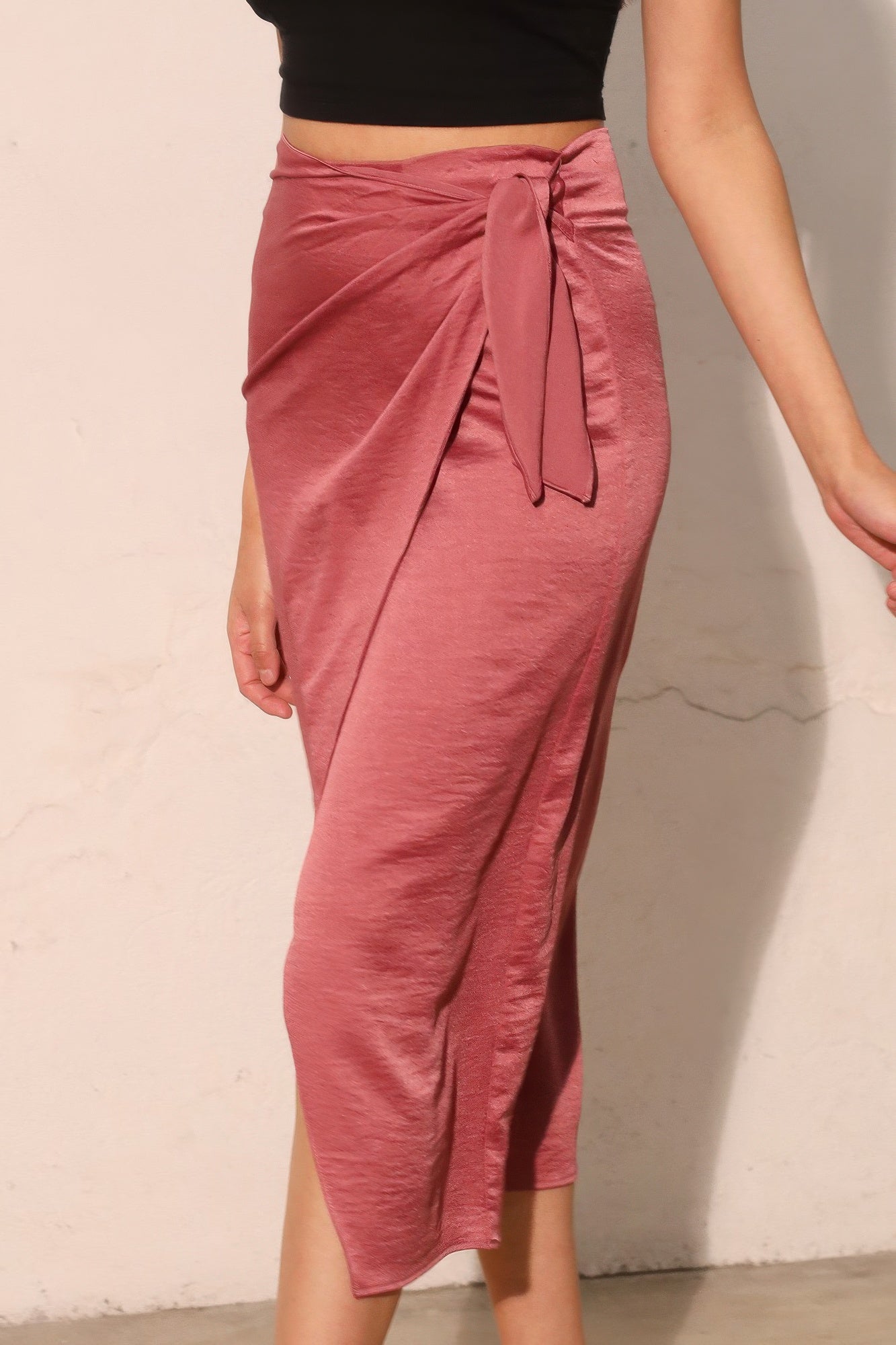 Satin Crepe Side Tie Midi Skirt -