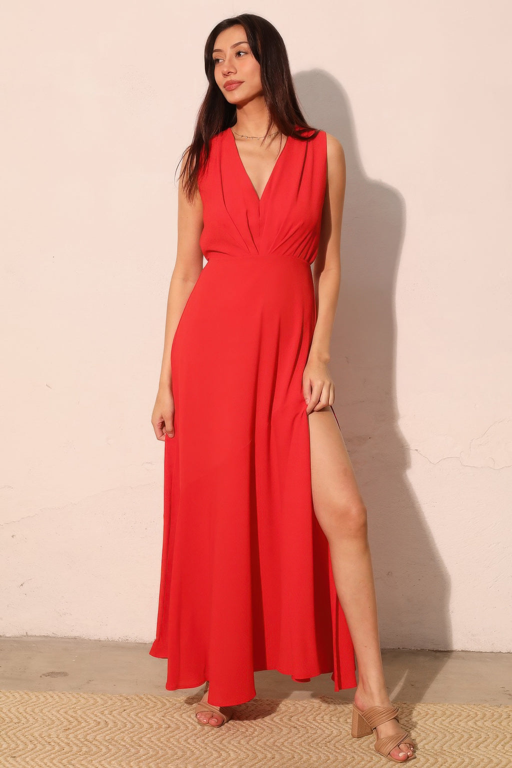 V Neck Textured Slit Maxi Dress -