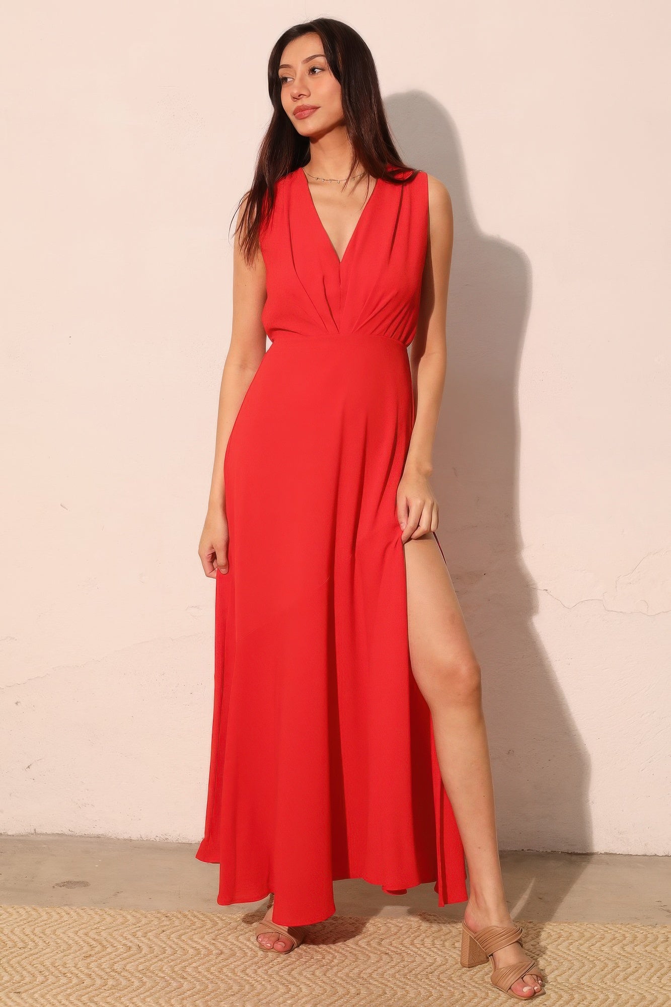 V Neck Textured Slit Maxi Dress -