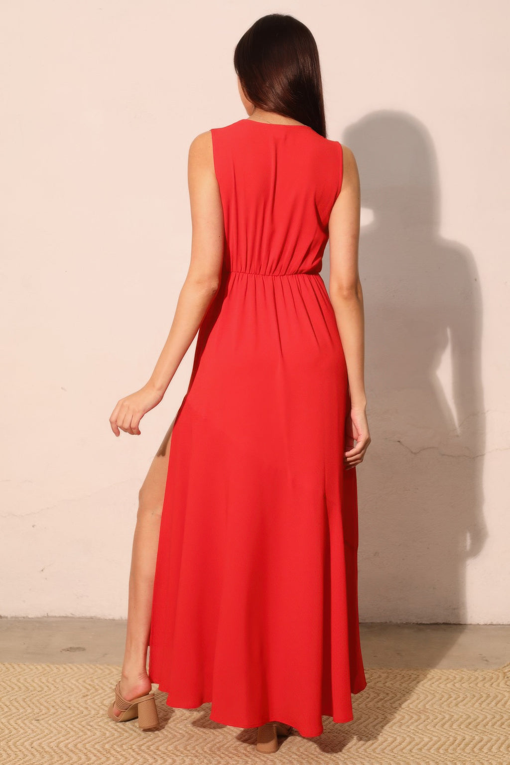 V Neck Textured Slit Maxi Dress -