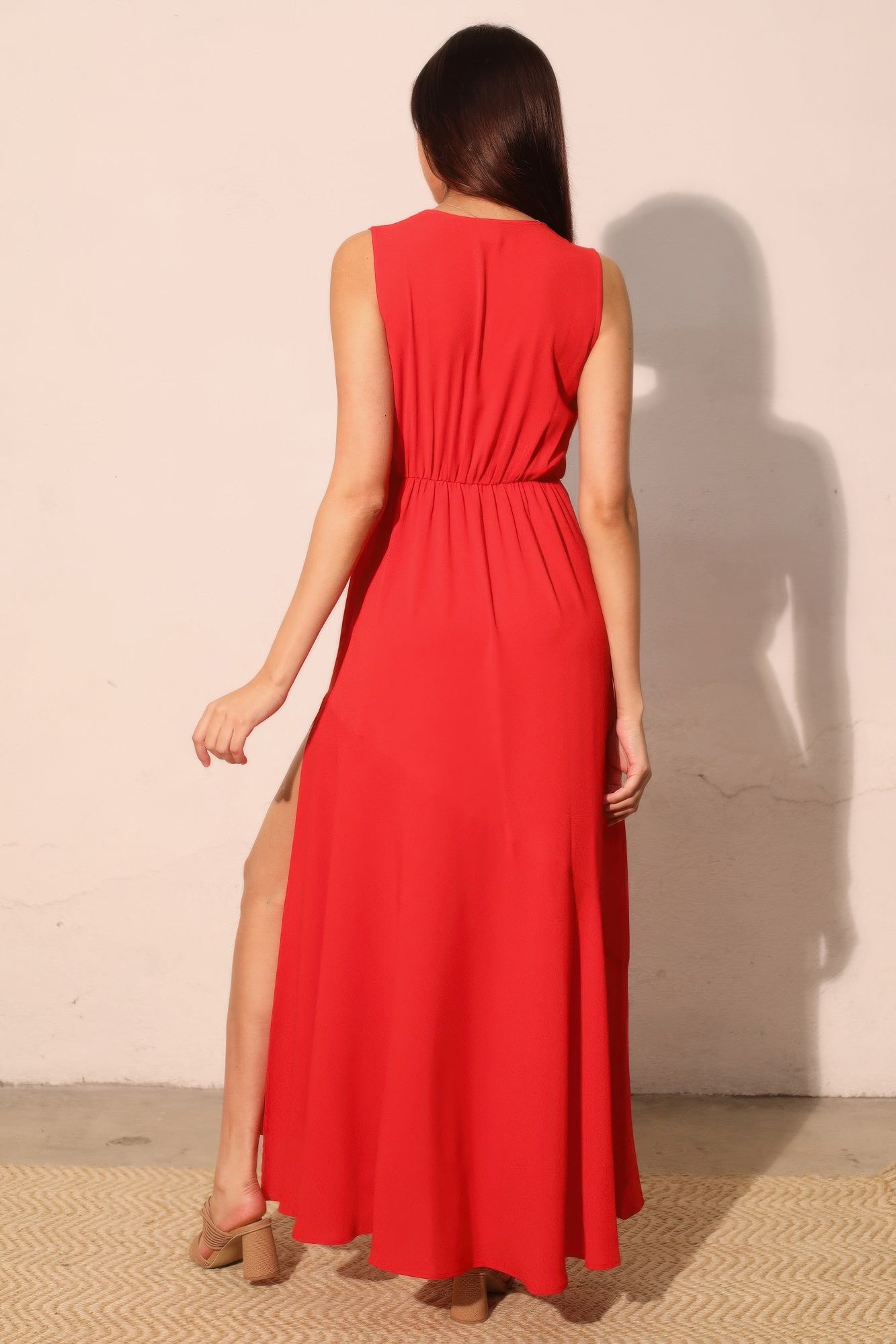 V Neck Textured Slit Maxi Dress -