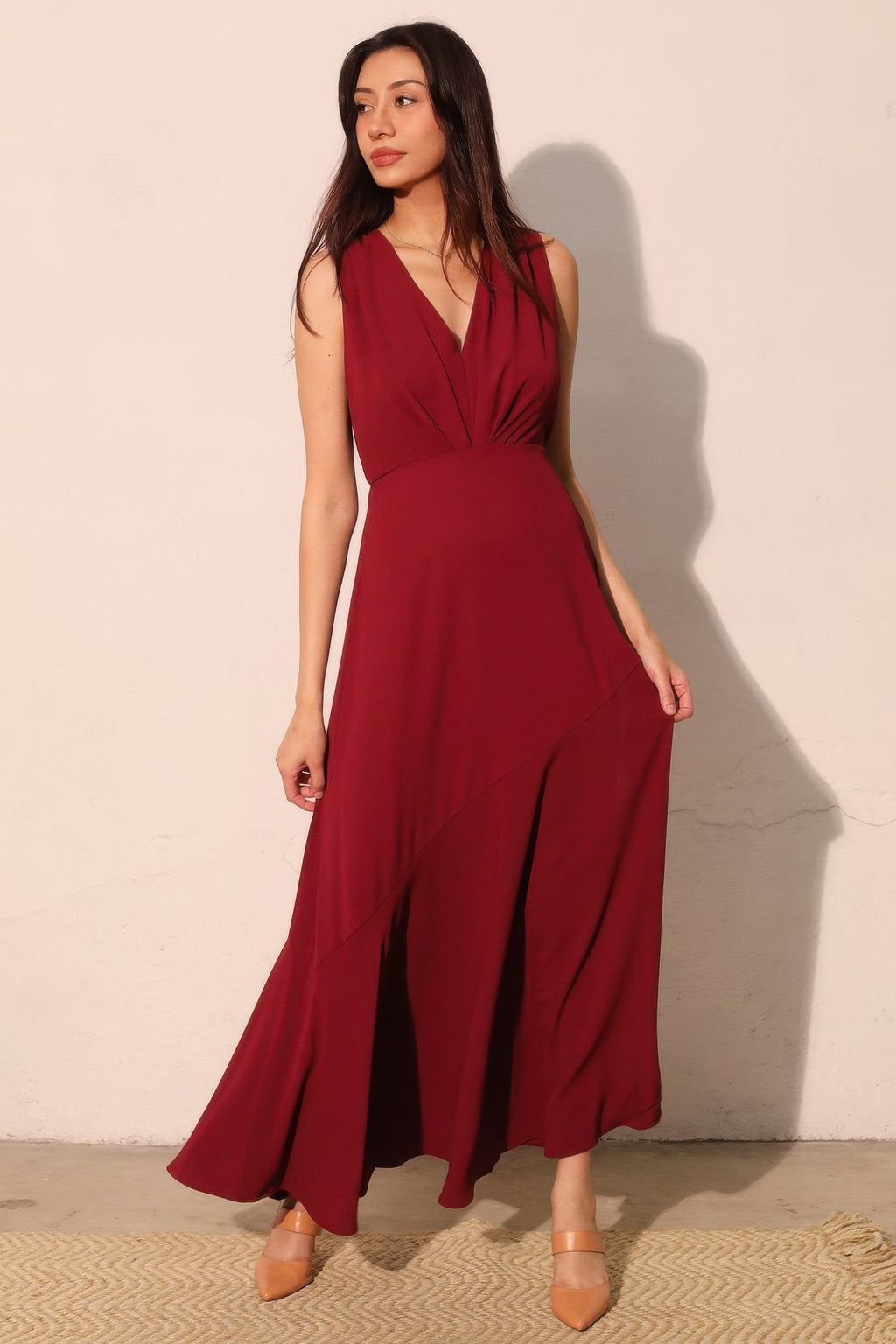 V Neck Textured Slit Maxi Dress -