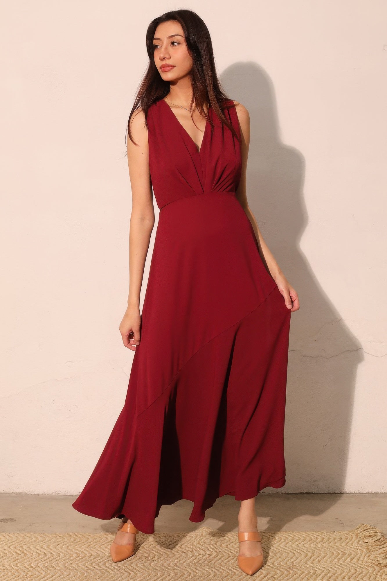 V Neck Textured Slit Maxi Dress -