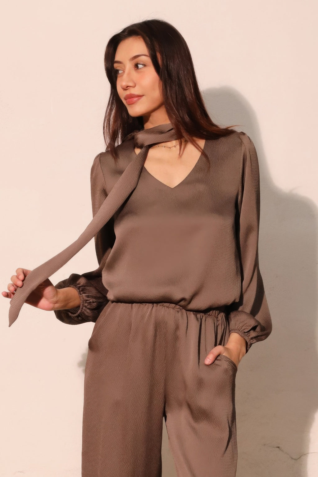 Tie Neck Hammered Satin Blouse -