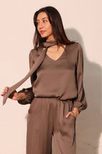Tie Neck Hammered Satin Blouse -