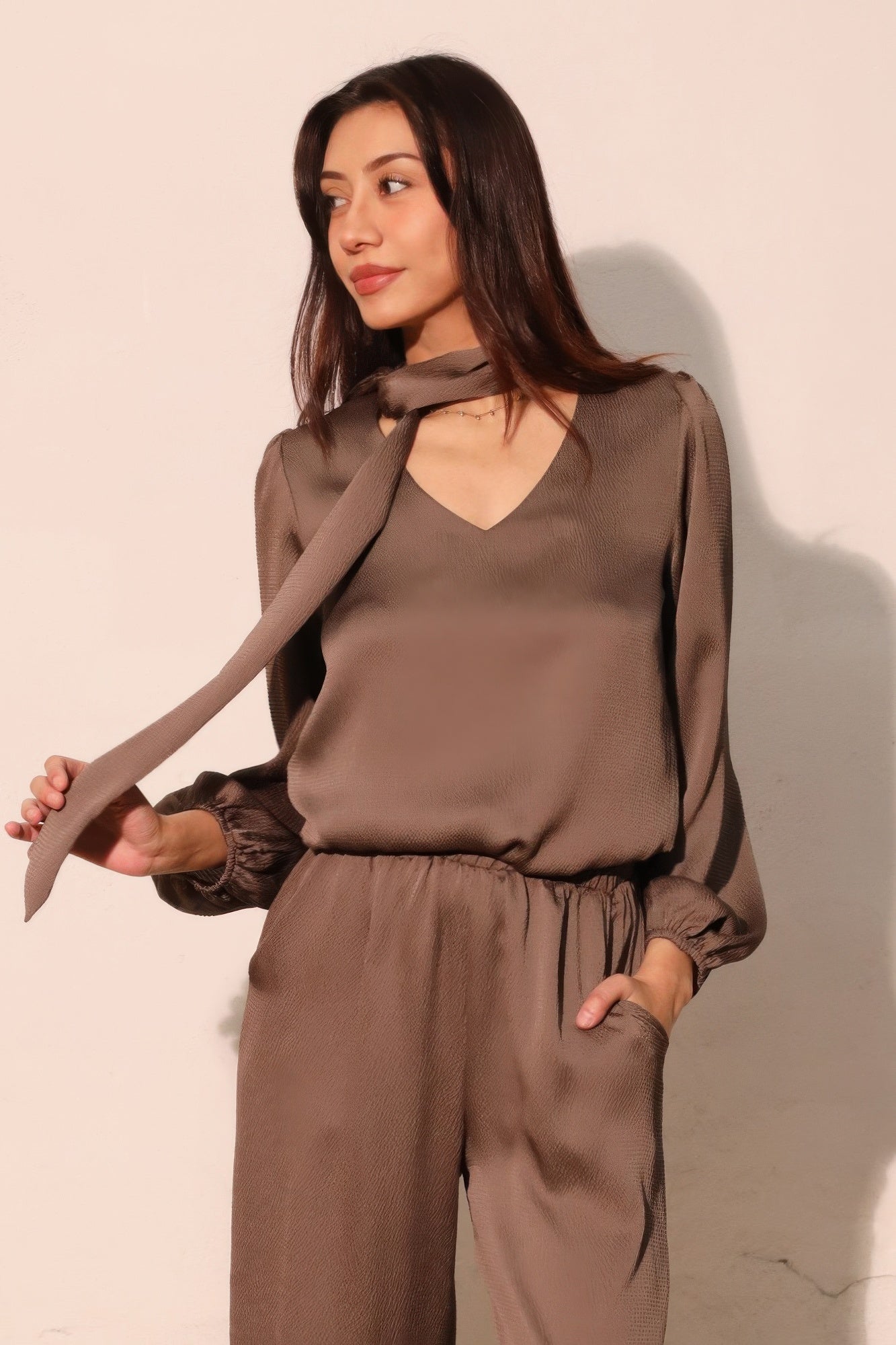 Tie Neck Hammered Satin Blouse -