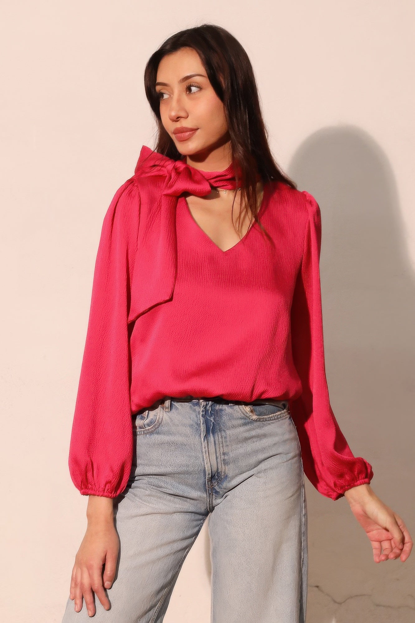 Tie Neck Hammered Satin Blouse - Raspberry Main image