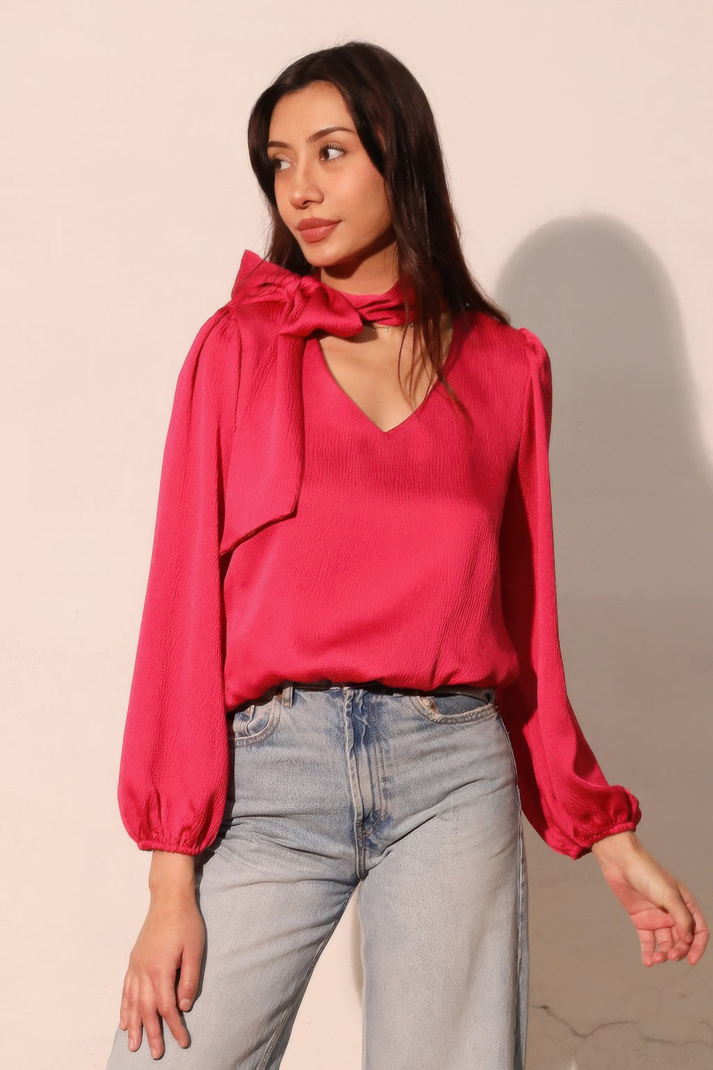 Tie Neck Hammered Satin Blouse - Raspberry