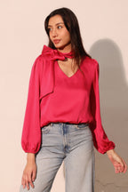 Tie Neck Hammered Satin Blouse - Raspberry