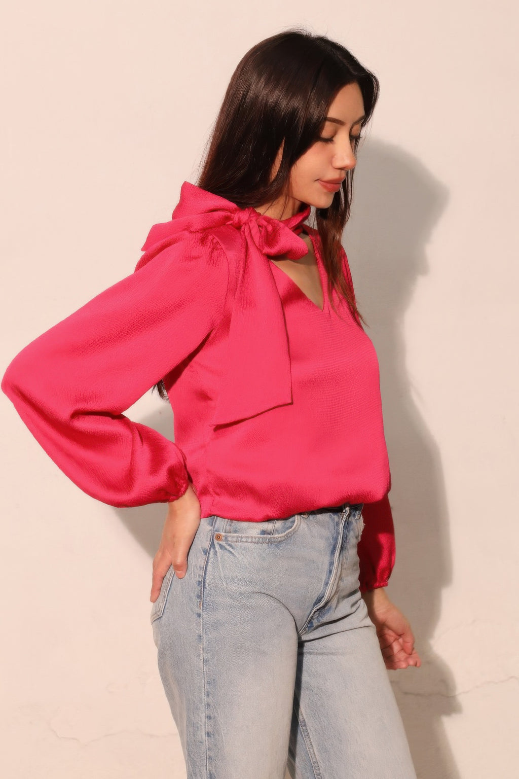 Tie Neck Hammered Satin Blouse -