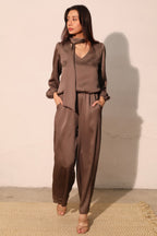 Tie Neck Hammered Satin Blouse - Mushroom