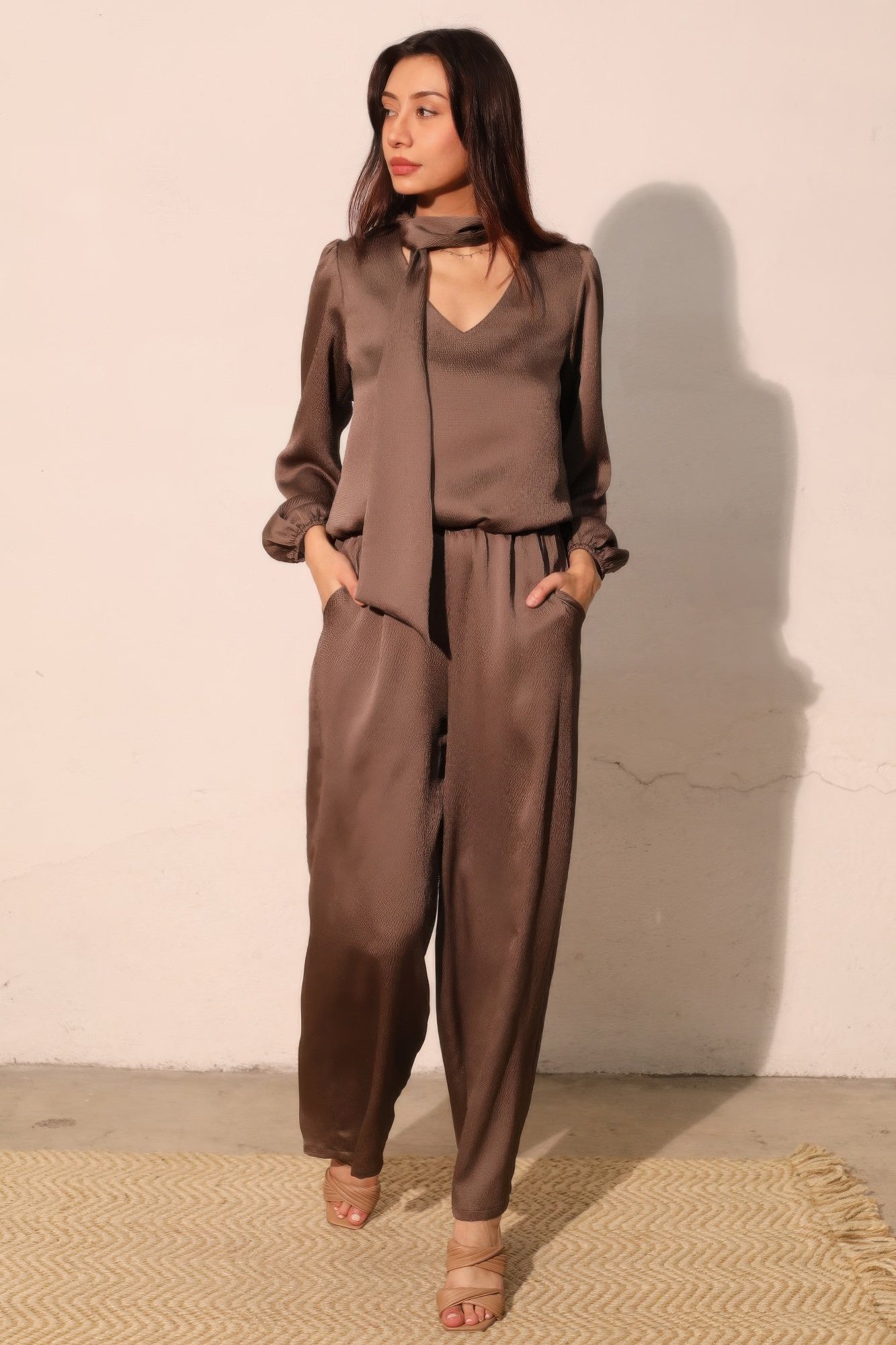 Tie Neck Hammered Satin Blouse - Mushroom