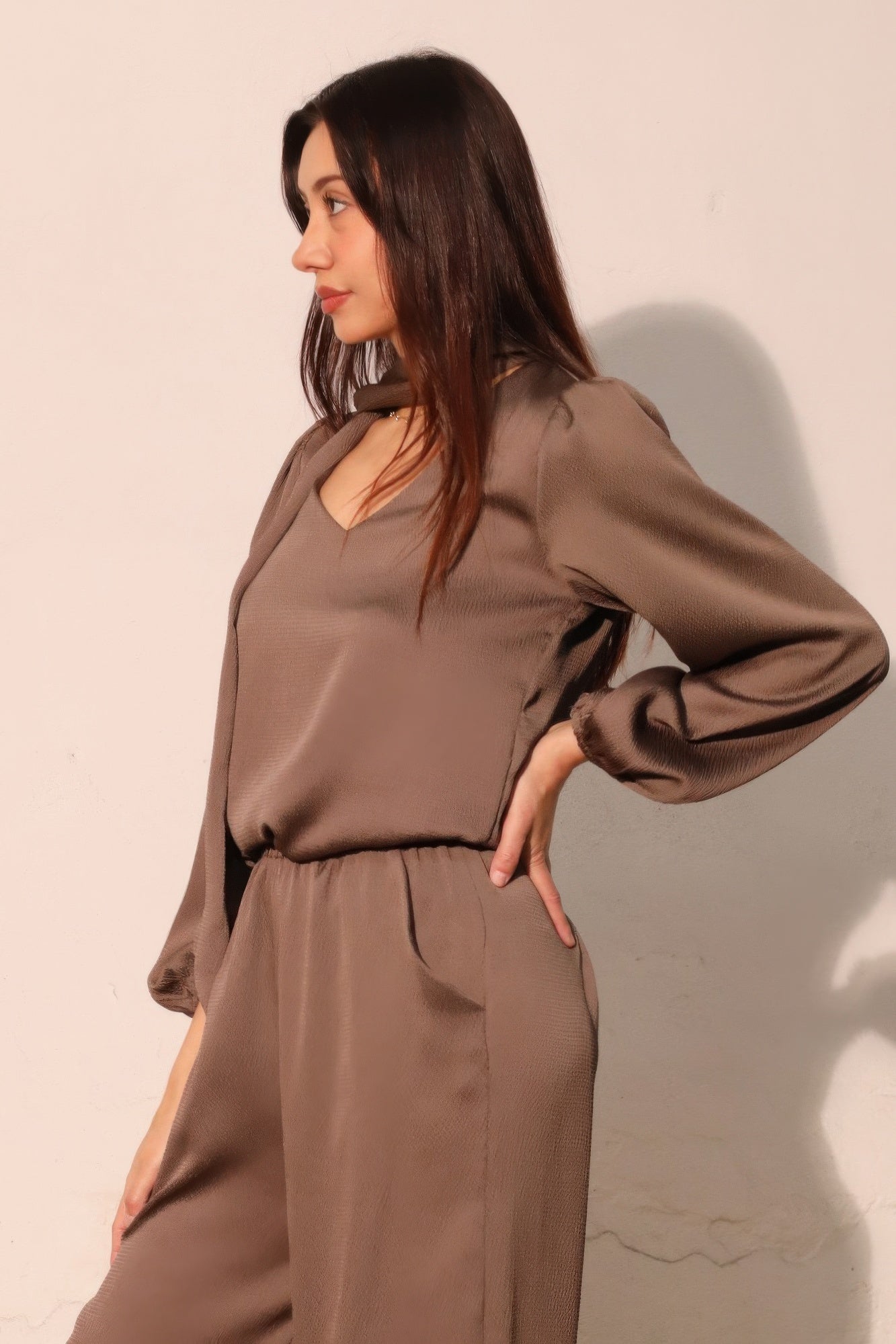 Tie Neck Hammered Satin Blouse -