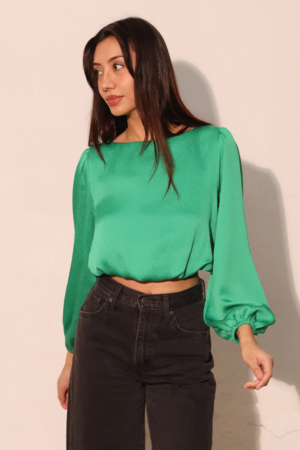 Balloon Sleeve Hammered Satin Crop Top - Green