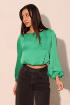 Balloon Sleeve Hammered Satin Crop Top - Green