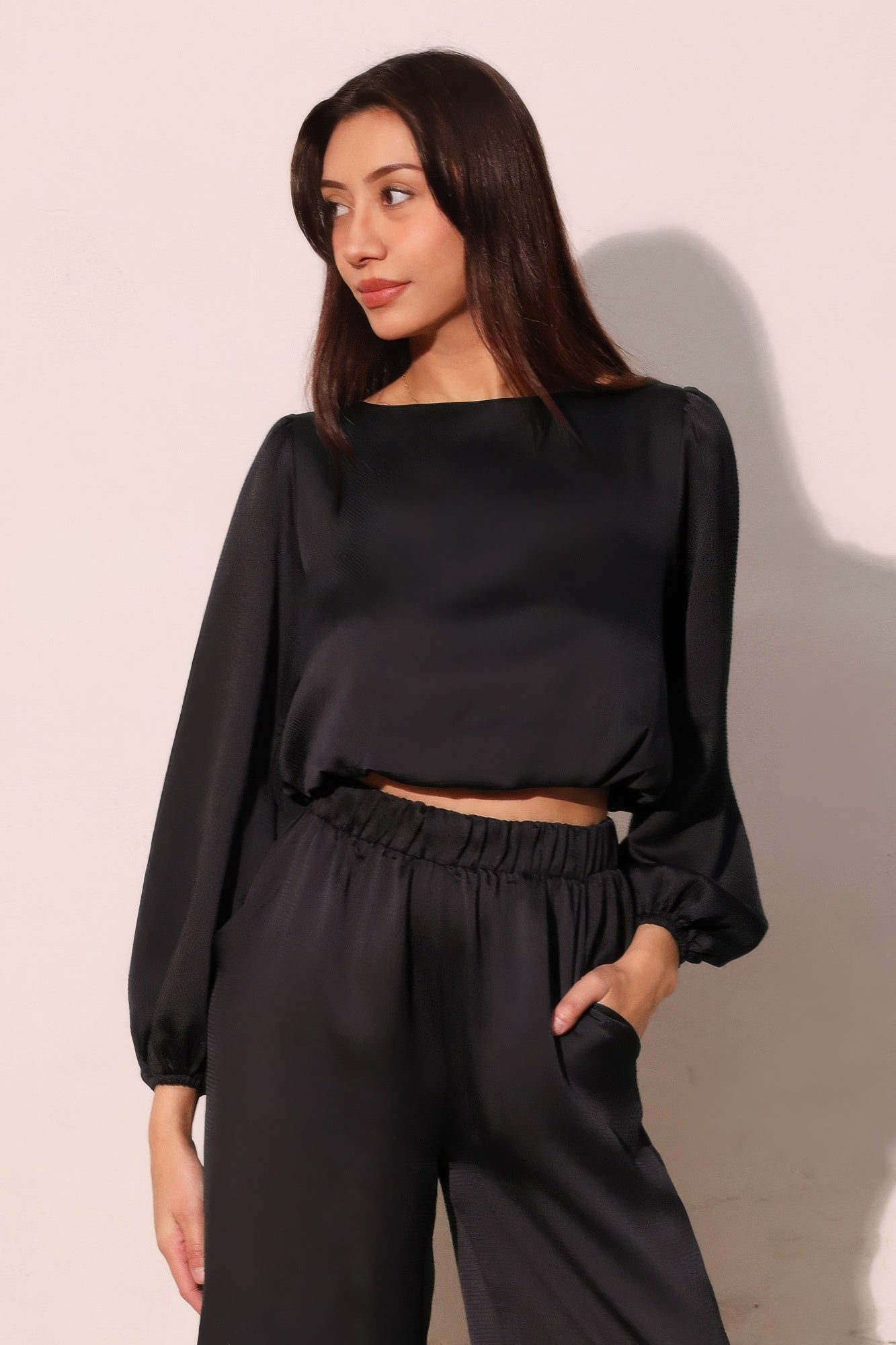 Balloon Sleeve Hammered Satin Crop Top -
