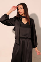 Balloon Sleeve Hammered Satin Crop Top - Black