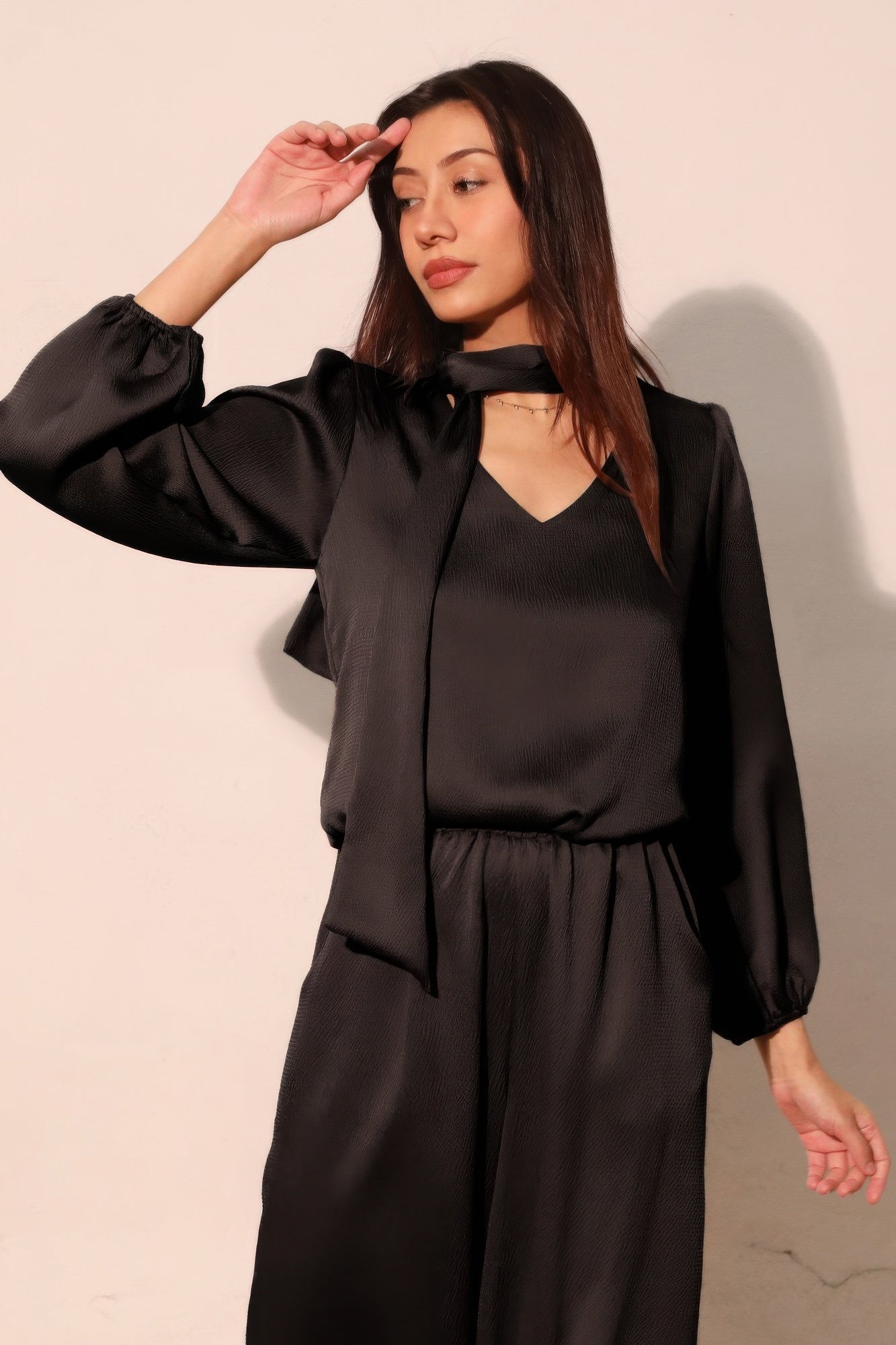 Balloon Sleeve Hammered Satin Crop Top - Black
