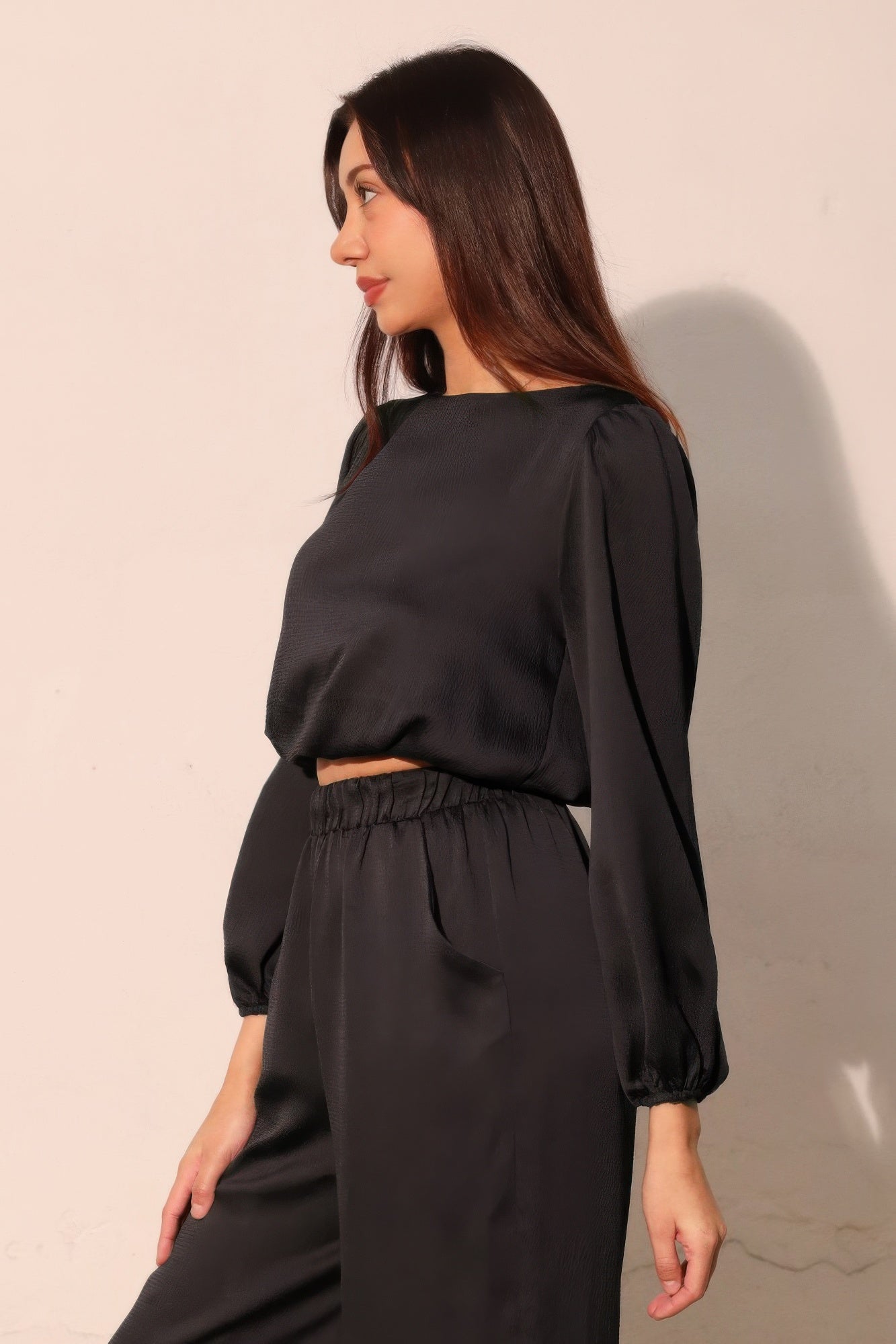 Balloon Sleeve Hammered Satin Crop Top -