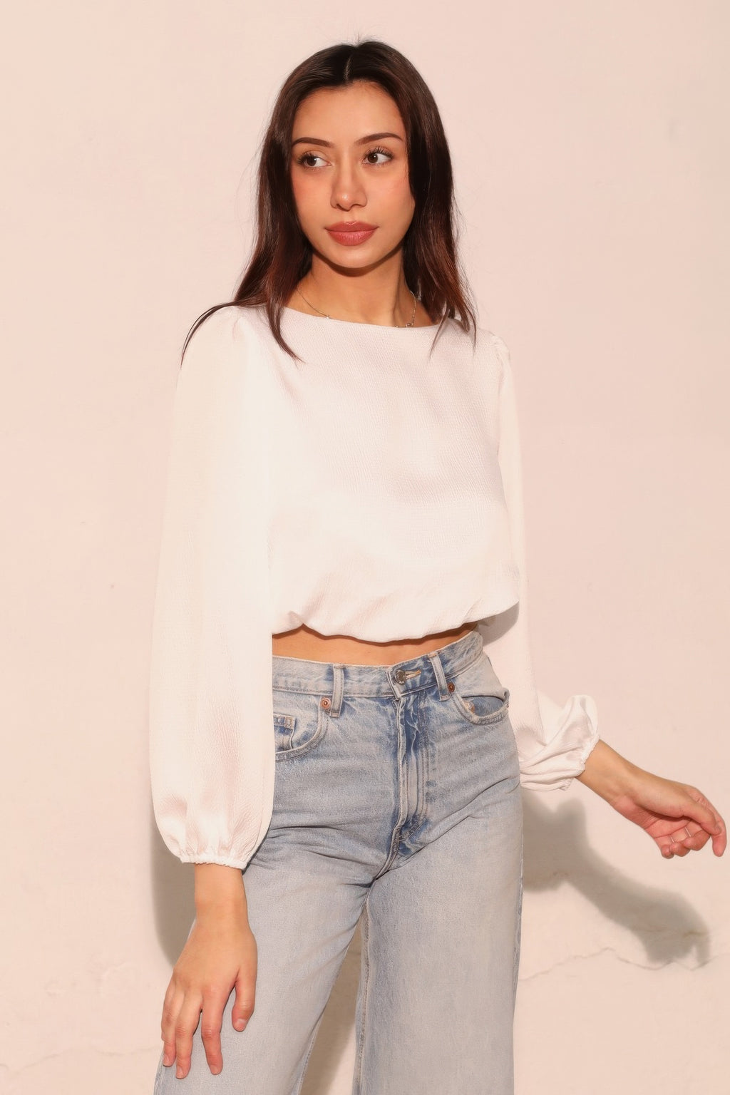 Balloon Sleeve Hammered Satin Crop Top - White