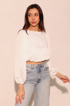 Balloon Sleeve Hammered Satin Crop Top - White