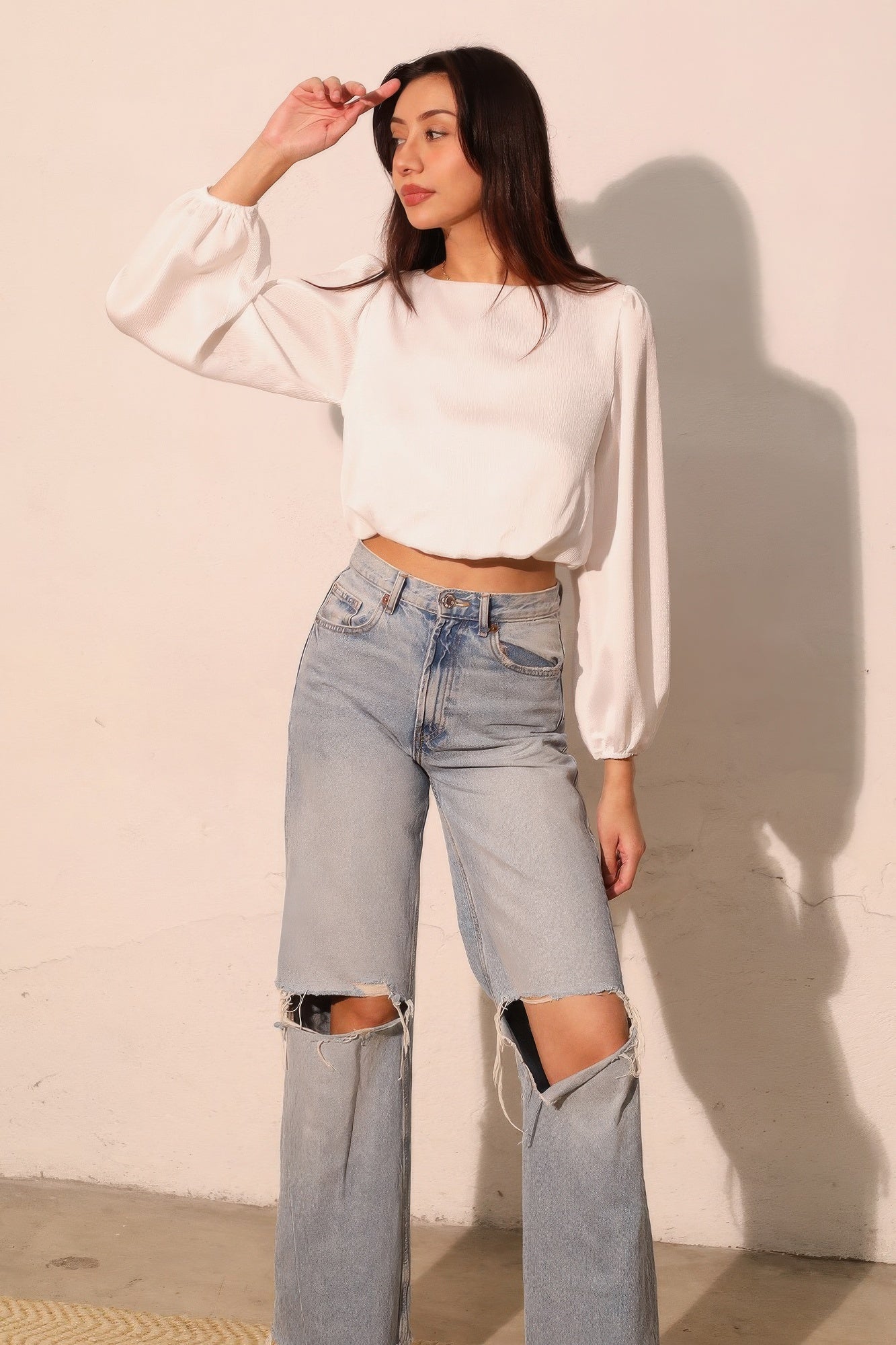 Balloon Sleeve Hammered Satin Crop Top -