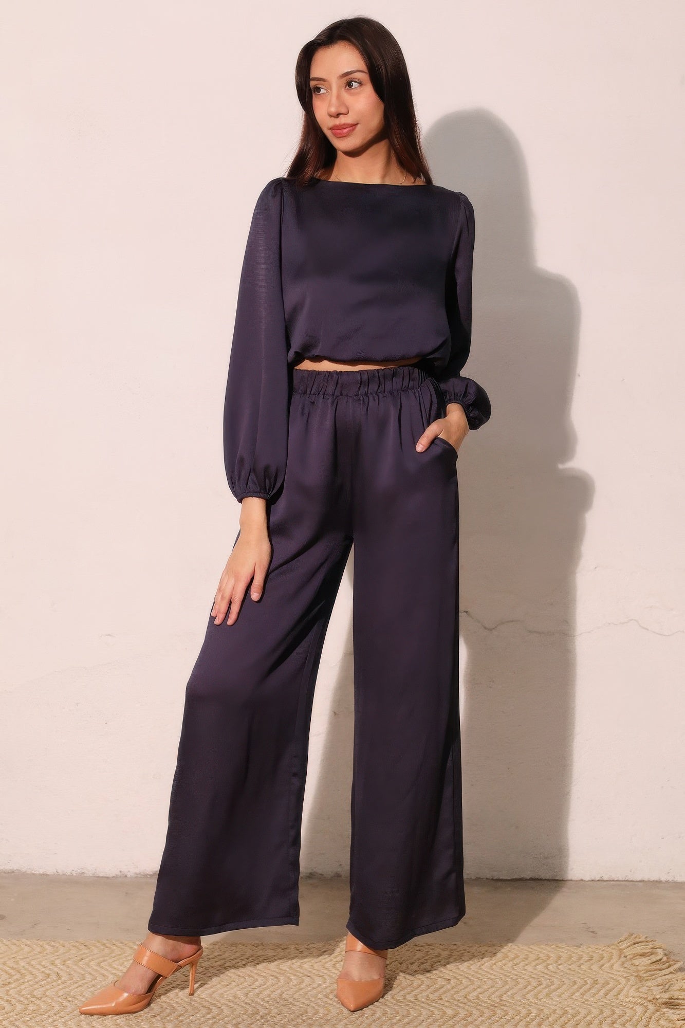 Balloon Sleeve Hammered Satin Crop Top -