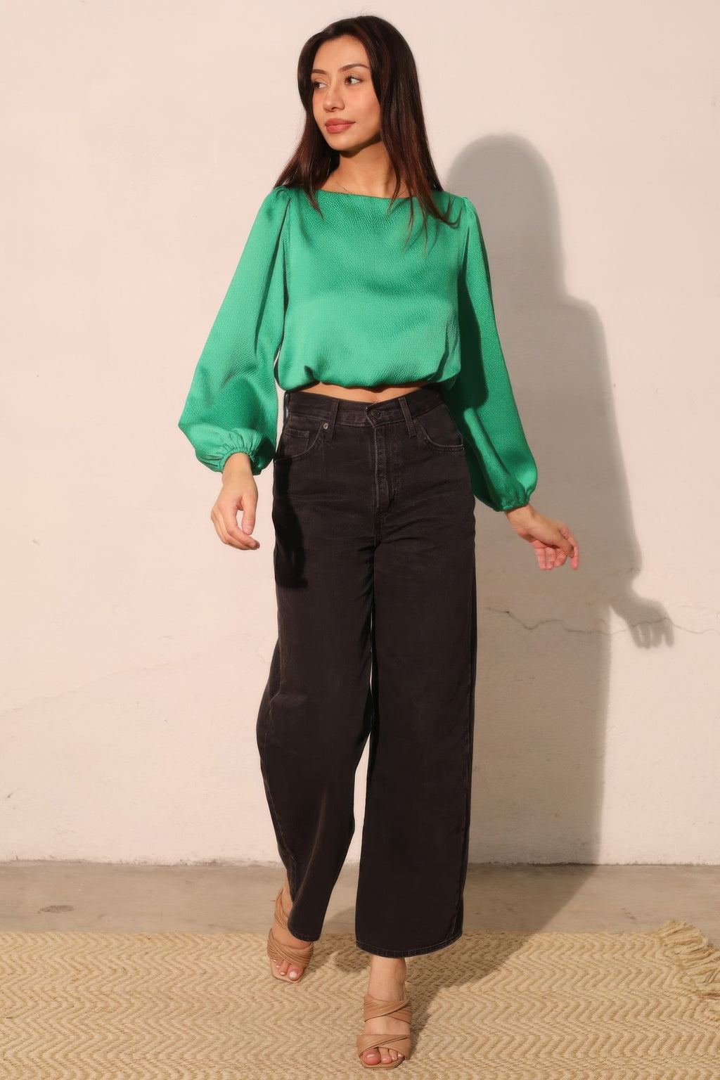 Balloon Sleeve Hammered Satin Crop Top -